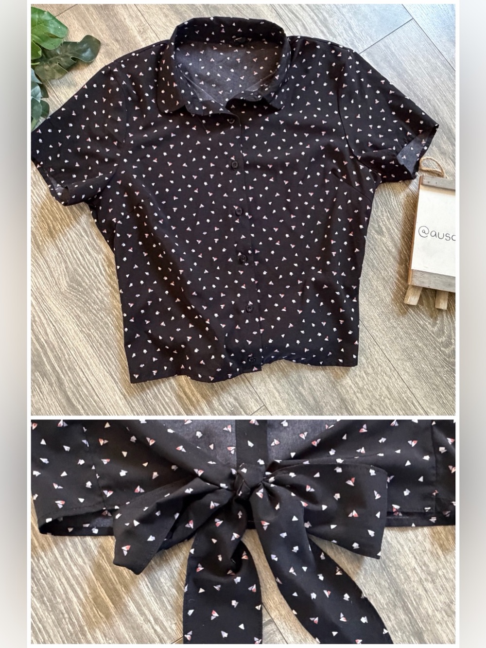 This & More Black Short-Sleeve Button Front Geometric Top w Tie Back Detail. L